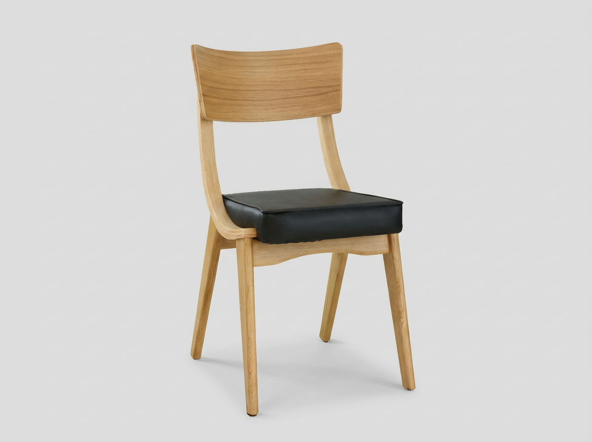 Restaurant bistrostoel massief hout Karabag beige bekleding zitting kunstleer zwart