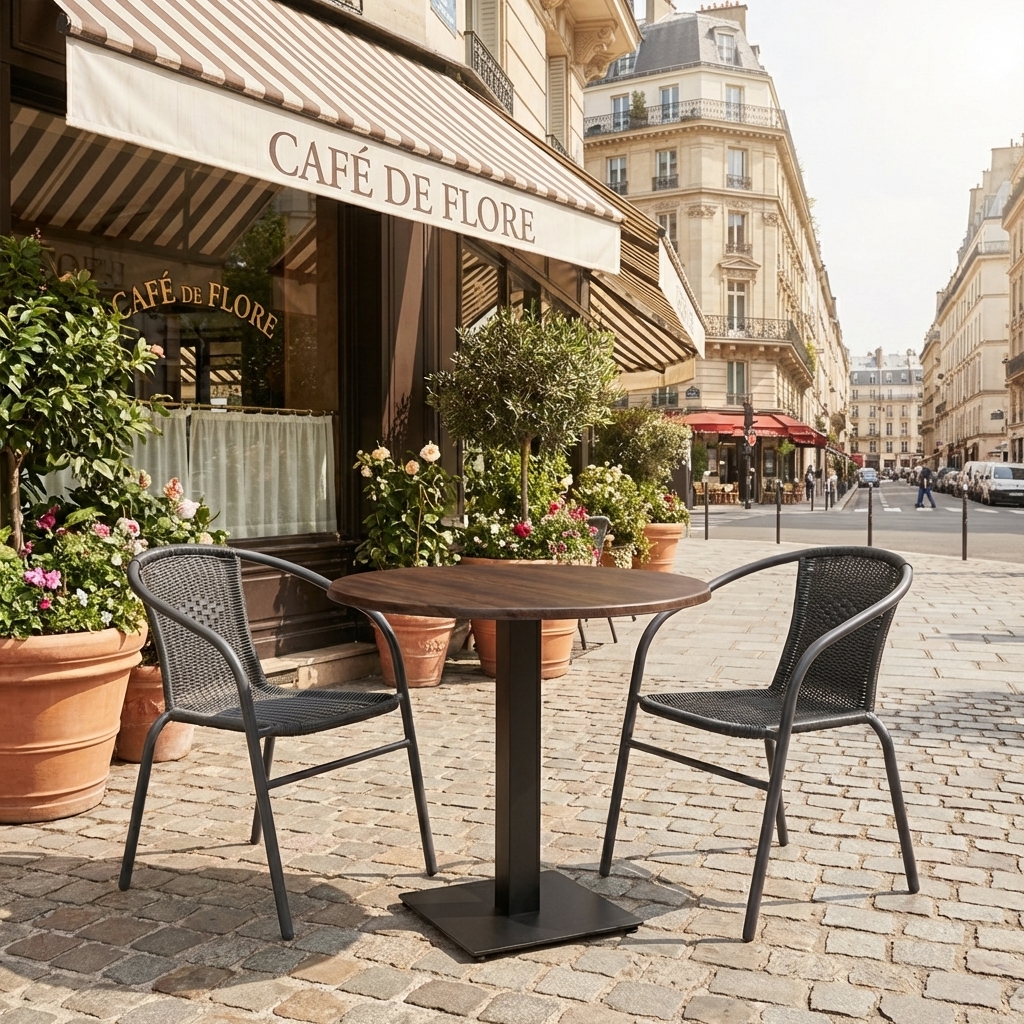 Buitentafel rond Catania in 60cm walnoot Buitenruimte Compact HPL tafelblad