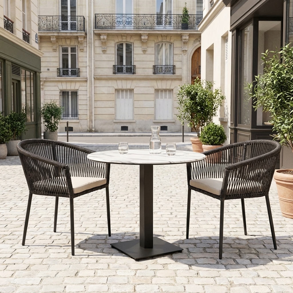 Outdoor tafel rond Catania in 80cm marmer look wit Compact HPL tafelblad
