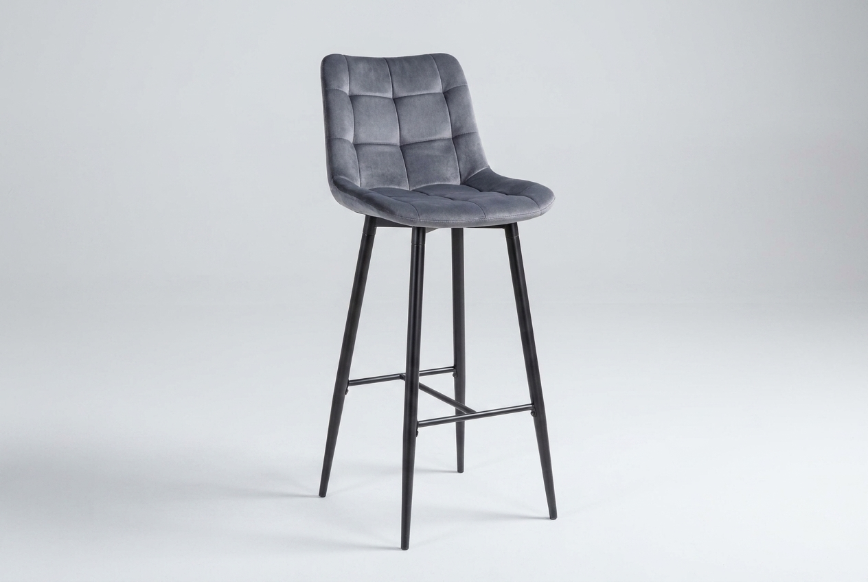 Amara halfhoge barkruk in grijs fluwelen stof met metalen frame 