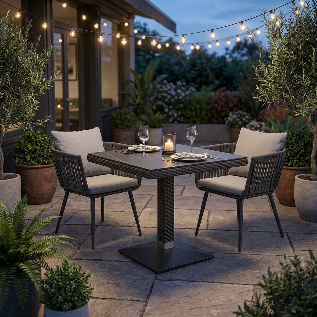 Verona tafel 70x70cm polyrattan donkerbruin marmer look