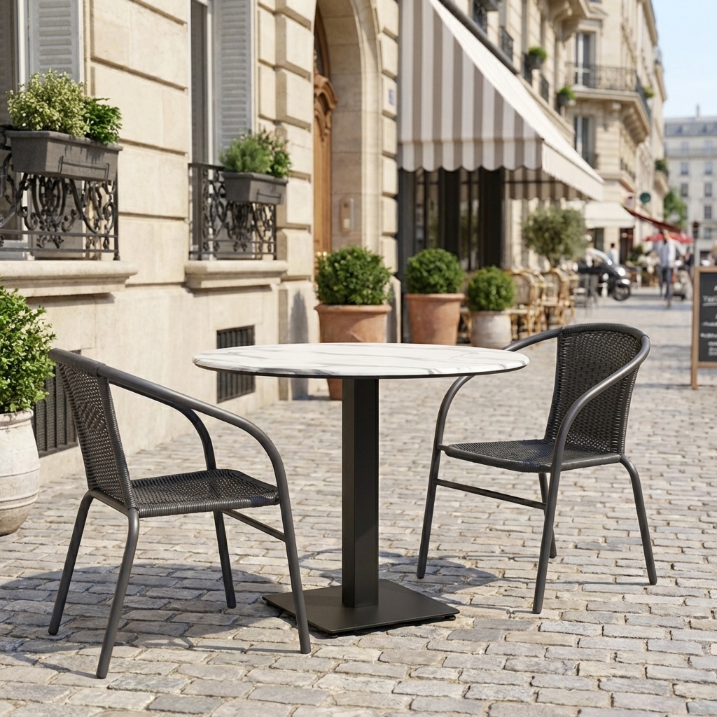 Outdoor tafel rond Catania in 60cm marmer look wit Compact HPL tafelblad