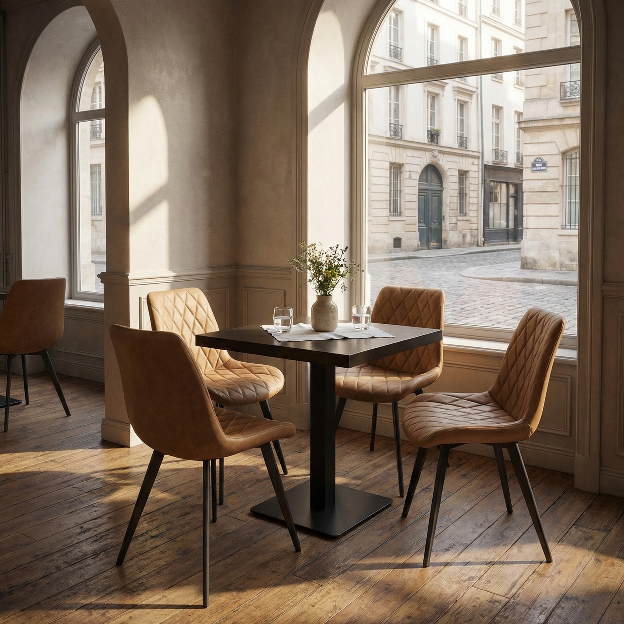 1+4 set 70x70cm Scharlaken lichtbruin Restaurantstoelen Hotel Bistrotafels